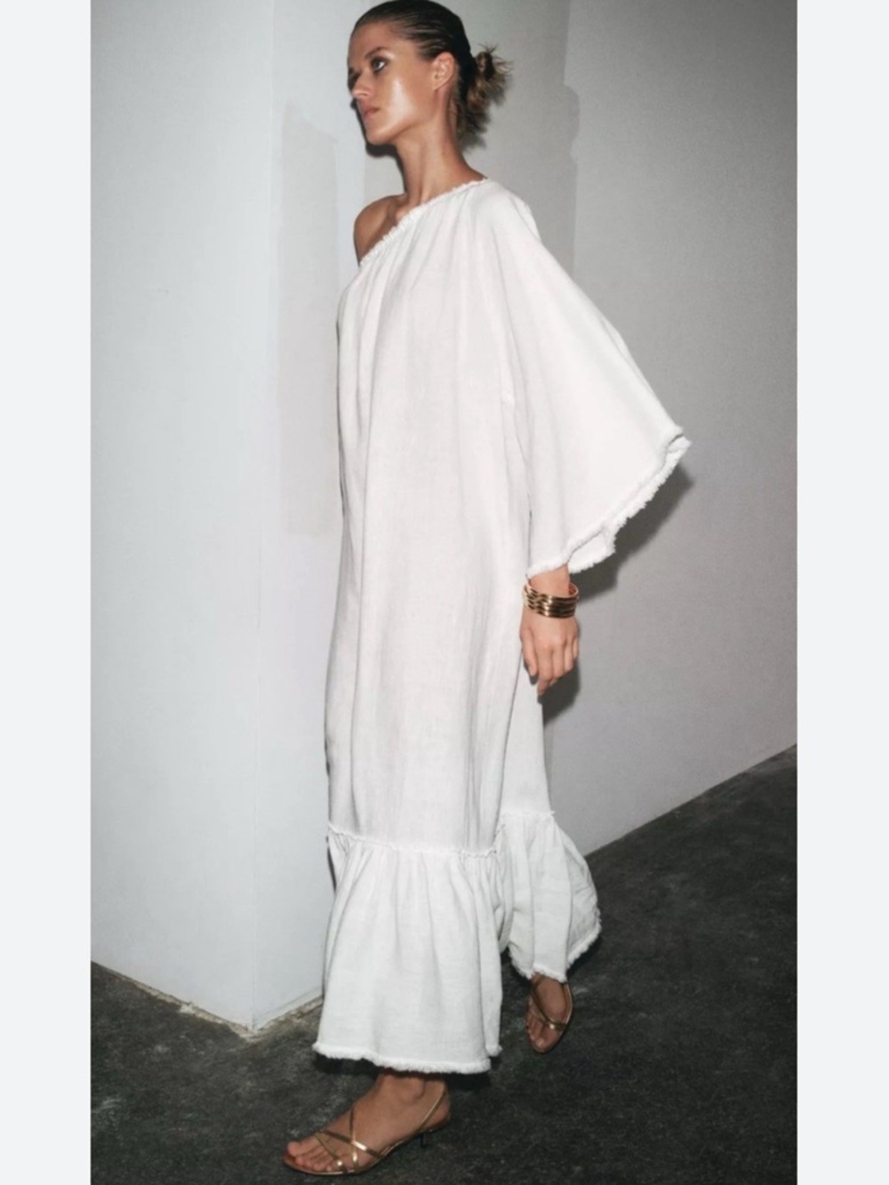 Zara ZW Collection Linen Asymmetric Dress in Oyster White Size XS - Picture 2 of 8